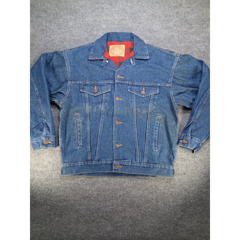 Vintage 80s Weekends Denim Jacket Mens Blue Buffalo Plaid Flannel Lined Trucker